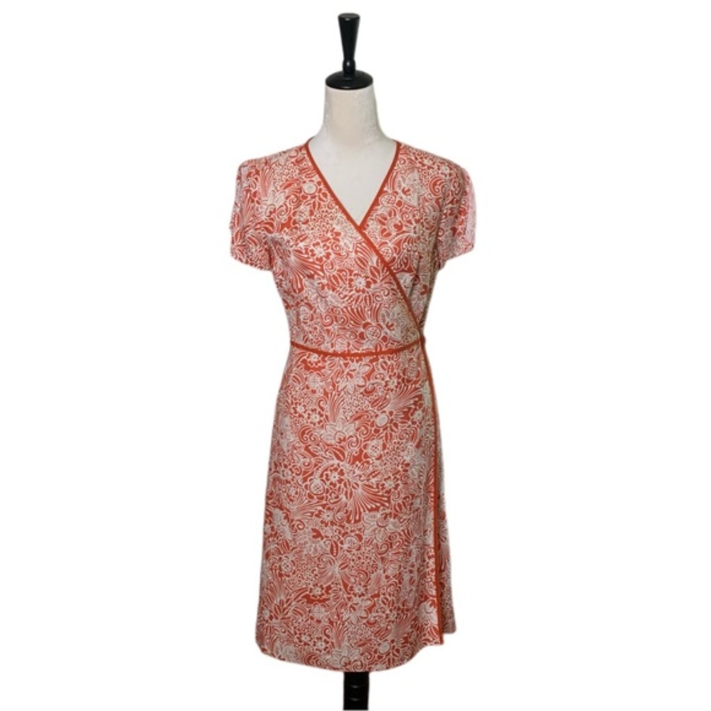 Adrianna Papell V-neck Linen Blend Wrap Midi Dress Orange Floral Boho